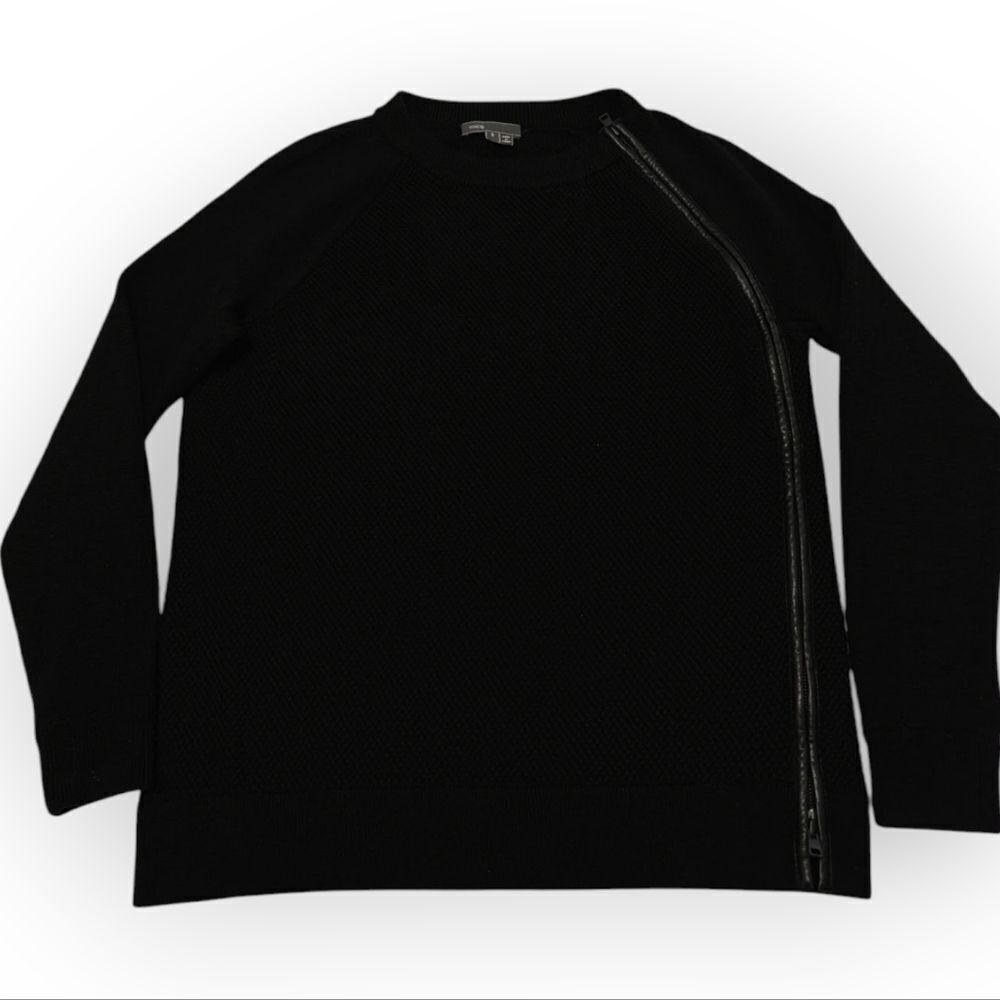 Vince Wool Leather Black Crew Neck Sweater Zip Asymmetrical Design Sz S - Picture 4 of 8